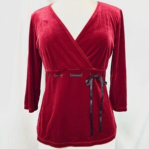 PIERRE CARDIN Vintage 90s Burgundy Velvet Faux Wrap Top Bow Women's S Whimsigoth
